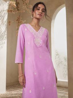 max - Purple Women Embroidered Straight Kurta