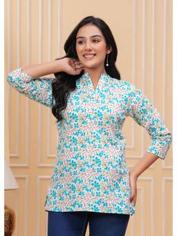 Rimika - White Women Floral Print Cotton Straight Kurti