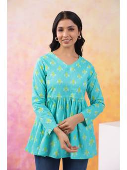 Rimika - Blue Women Floral Print V-neck Peplum Tunic