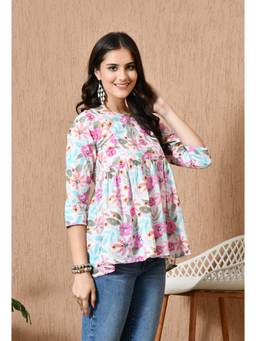 Rimika - White Women Floral Print Round Neck Peplum Tunic