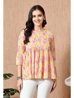 Rimika - Yellow Women Floral Print Round Neck Peplum Tunic