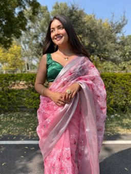 Odette - Pink Organza Embroidered Saree with Unstitched Blouse