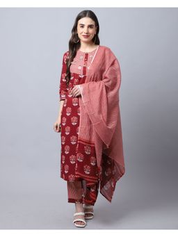 Rajnandini - Cambric Cotton Jaipuri Printed Kurta With Dupatta - Red (Set of 3)