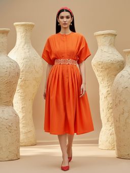 PURVAJA - Women Fit and Flared Knee Length Round Neck Solid Dress