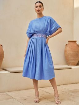 PURVAJA - Women Fit and Flared Knee Length Round Neck Solid Dress