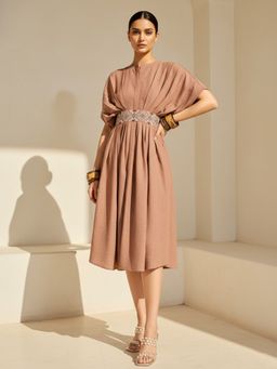 PURVAJA - Women Fit and Flared Knee Length Round Neck Solid Dress