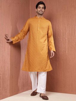Fabindia - Mustard Silk Embroidered Long Kurta