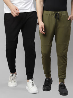 RIGO - Black & Olive Green Cut And Sew Ankle Length Regular Fit Terry Joggers