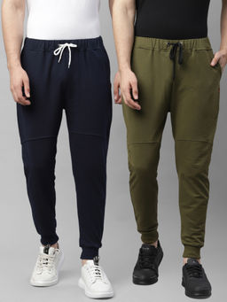RIGO - Navy Blue & Olive Green Cut And Sew Ankle Length Regular Fit Terry Joggers (Pack of 2)