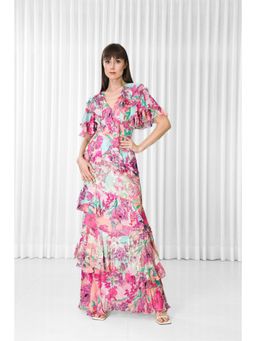 MANDIRA WIRK - Hibiscus Printed Brasso and Chiffon Ruffled Dress