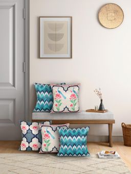 India Circus by Krsnaa Mehta - Indigo Mayhem Satin Blend Cushion Cover Set Of 5