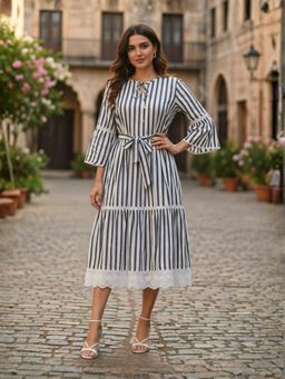 Autumnlane - Perka Stone Stripes Cotton Dress with Belt-Multi-Color