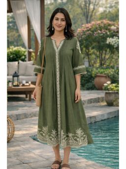 Autumnlane - Slopi Moss Embroidery Cotton Dress- Green