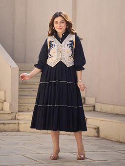 Autumnlane - Tatva Prussian Cotton Dress with Jacket-Navy Blue