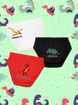 Nusyl - Boys White & Black & Red Dino & Reptiles Printed Briefs (Pack of 3)