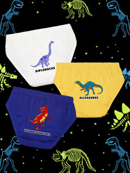 Nusyl - Boys White & Yellow & Royal Blue T-Rex Printed Briefs (Pack of 3)