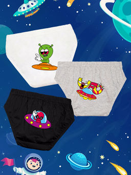 Nusyl - Boys White & Grey & Black Monster Aliens Printed Briefs (Pack of 3)