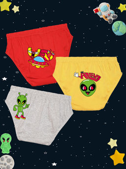 Nusyl - Boys Red & Yellow & Grey Ufo Printed Briefs (Pack of 3)