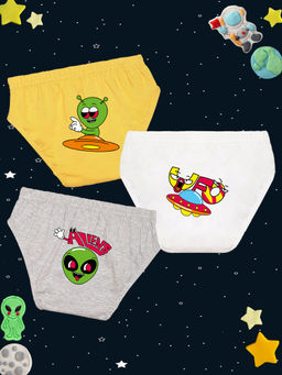 Nusyl - Boys Yellow & White & Grey Aliens & Spaceship Printed Briefs (Pack of 3)
