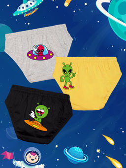 Nusyl - Boys Grey & Yellow & Black Three Aliens Printed Briefs (Pack of 3)