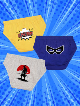 Nusyl - Boys Yellow & Royal Blue & Grey Superhero Text Printed Briefs (Pack of 3)