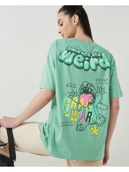 Bewakoof - Official Disney Women's Granite Green Stitch Tounge Graphic Printed Oversized T-shirt