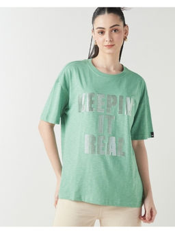 Bewakoof - Air 1.0 Women's Granite Green Real Typography Oversized T-shirt