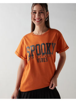 Bewakoof - Orange Spooky Vibes Typography Boyfriend T-Shirt
