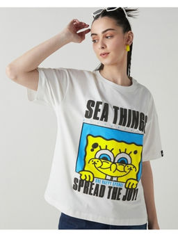 Bewakoof - SpongeBob Women's White Sea things Graphic Printed Oversized T-shirt