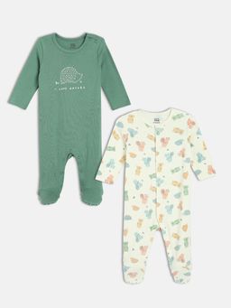 MINI KLUB - Multi-Color Baby Boys Round Neck Full Sleeve Knit Sleep Suit (Set of 2)