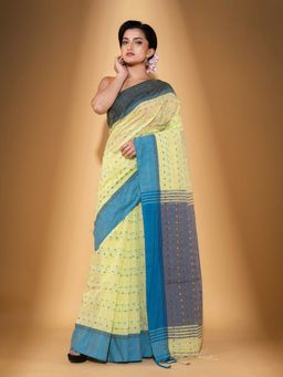 Beatitude - Green Handspun Cotton Woven Saree with Unstitched Blouse