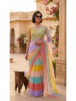 HANDME - Rainbow Pastel Premium Embroidered Organza Saree