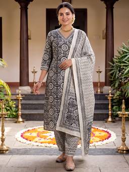 arangya - Grey Women Printed Cotton Blend Kurta with Pant and Dupatta