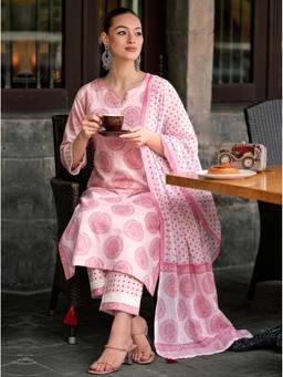 arangya - Pink Women Cotton Blend Printed Kurta with Pant and Dupatta