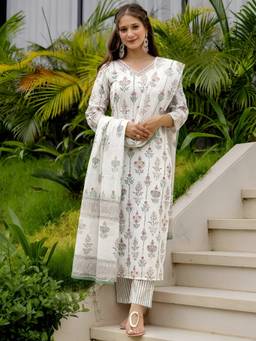 arangya - Women White Printed Cotton Blend Kurta with Pant and Dupatta