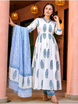 arangya - White Women Printed Cotton Blend Anarkali Kurta with Pant and Dupatta