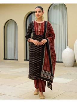 arangya - Black Women Printed Cotton Blend Kurta with Pant and Dupatta