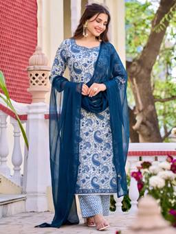 arangya - Women Turquoise Printed Cotton Blend Kurta with Pant and Dupatta