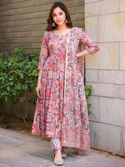 arangya - Pink Women Printed Cotton Blend Anarkali Kurta with Pant and Dupatta