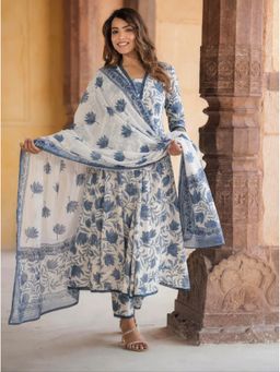 arangya - Turquoise Printed Cotton Blend Anarkali Kurta with Pant and Dupatta