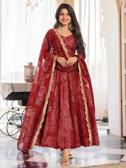 arangya - Maroon Printed Cotton Blend Anarkali Kurta with Pant and Dupatta