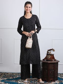 Khaka-The Chikankari Heritage - Black Chikankari Embroidered Chanderi Straight Kurta with Palazzo