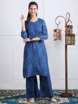 Khaka-The Chikankari Heritage - Blue Chikankari Embroidered Chanderi Straight Kurta with Palazzo