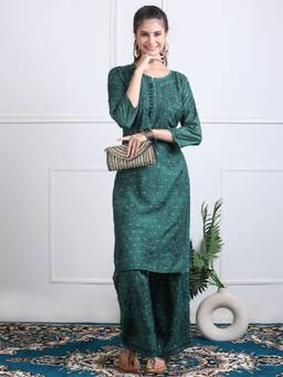 Khaka-The Chikankari Heritage - Green Chikankari Embroidered Chanderi Straight Kurta with Palazzo