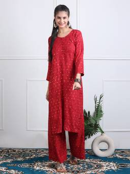 Khaka-The Chikankari Heritage - Red Chikankari Embroidered Chanderi Straight Kurta with Palazzo