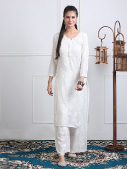 Khaka-The Chikankari Heritage - White Chikankari Embroidered Chanderi Straight Kurta with Palazzo