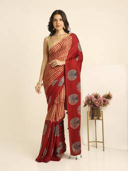 Navyasa By Liva - Red Liva Satin Geometric Print Saree