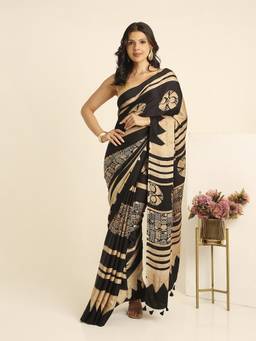 Navyasa By Liva - Black Liva Satin Geometric Print Saree