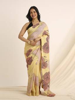 Navyasa By Liva - Yellow Liva Shimmer Floral Print Saree