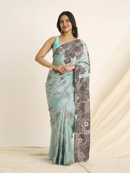Navyasa By Liva - Green Liva Shimmer Floral Print Saree